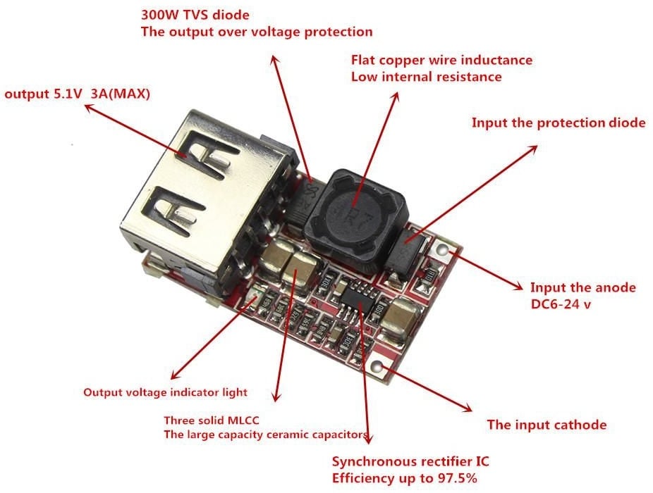 Module d'alimentation Abaisseur de sortie USB DC-DC 6-24V à 5V