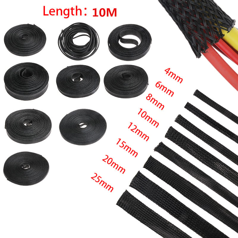14MM 16MM 18MM 20MM 25MM 30MM 35MM 40MM 60MM 100MM Black Flat PET Sleeves Braided Expandable Cable Wire Nylon Snakeskin Sleeving 14MM 10M 