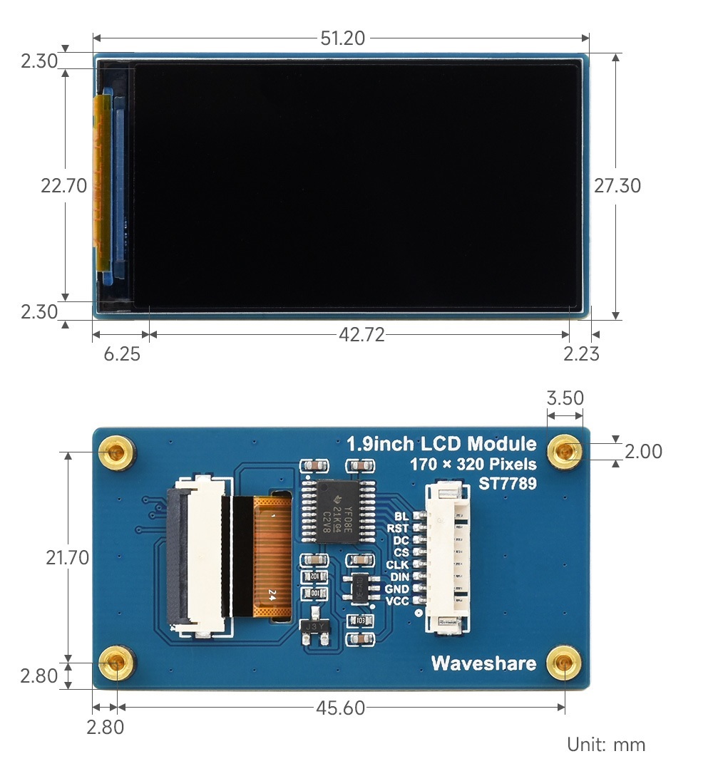 Waveshare 1.9Inch Lcd Display Module, Spi Interface, Ips, 262K Colors