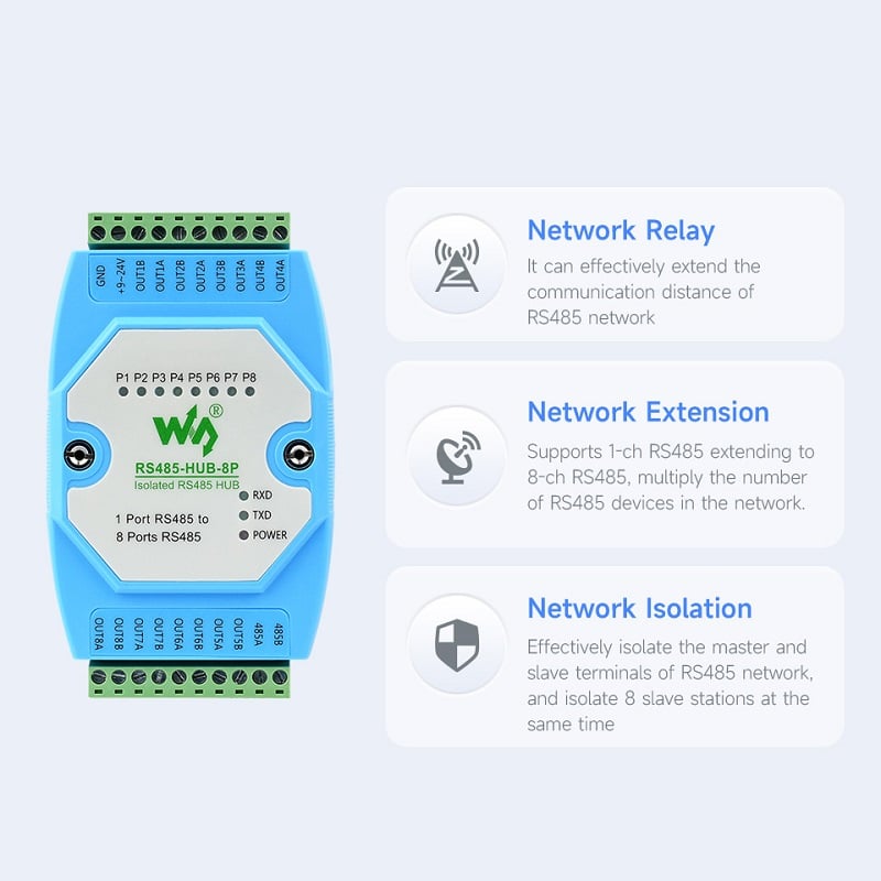 Waveshare Industrial-Grade Isolated 8-Ch Rs485 Hub, Rail-Mount Support, Wide Baud Rate Range
