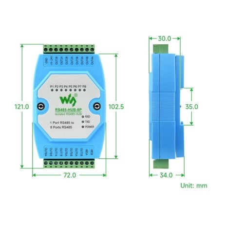 Waveshare Industrial-Grade Isolated 8-Ch Rs485 Hub, Rail-Mount Support, Wide Baud Rate Range
