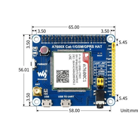 Waheshare A7600C1 Lte Cat-1 Hat For Raspberry Pi, Low Speed 4G Module, 2G Gsm / Gprs