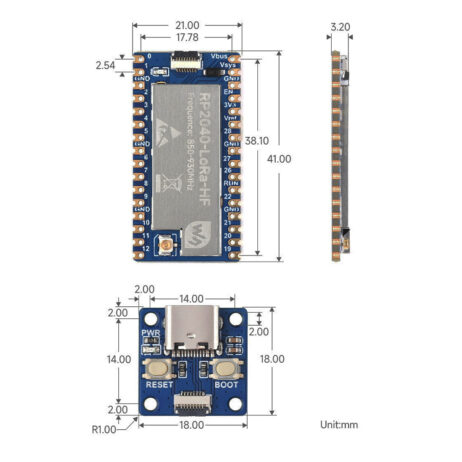 Waveshare Rp2040-Lora Development Board, Integrates Sx1262 Rf Chip Low Frequency Usb Type-C Adapter Board + Fpc Cable Included