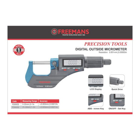 Freemans Digital Outside Micrometer Fdom25 Measuring Range 0-25Mm